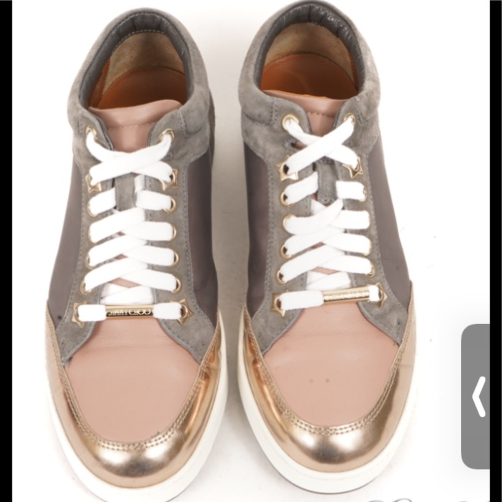 Jimmy Choo Grey Rose Gold Taupe Colorblock Suede Leather Sneakers SZ 35 EU